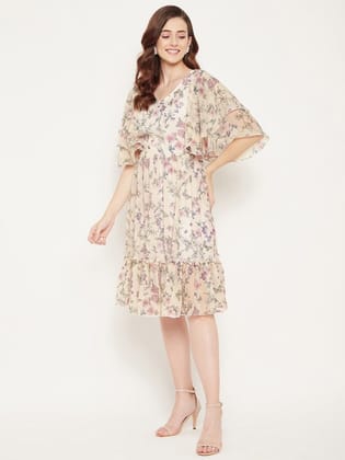 White & Pink Floral Georgette Dress