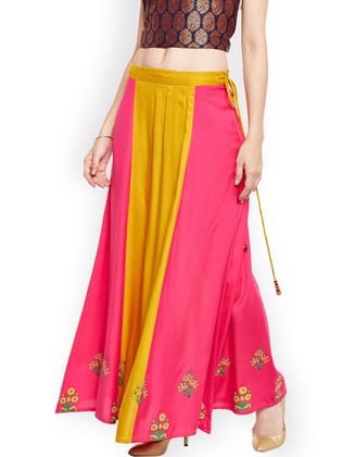 Women Mustard Yellow & Pink Block Print A-Line Skirt