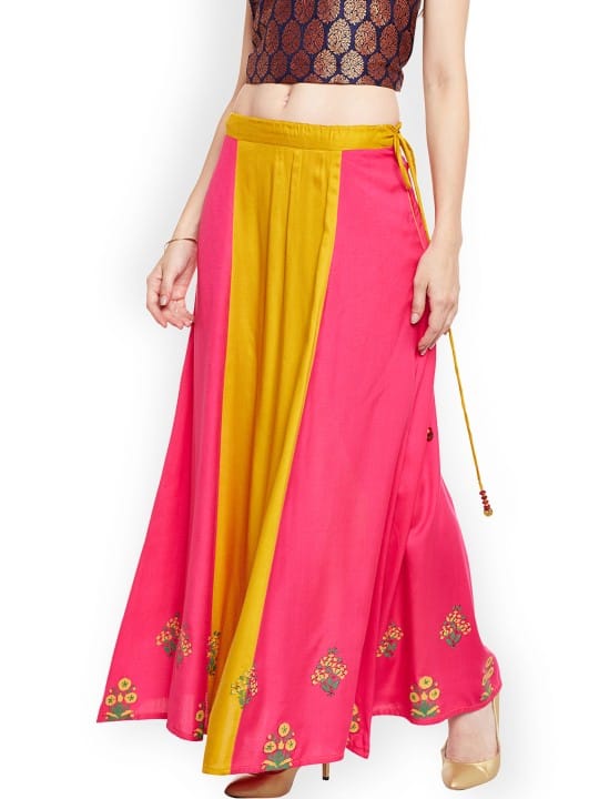 Women Mustard Yellow & Pink Block Print A-Line Skirt