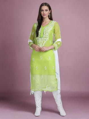 Parrot Green Mirror Handmade Chikankari Kurti Set-36-XS
