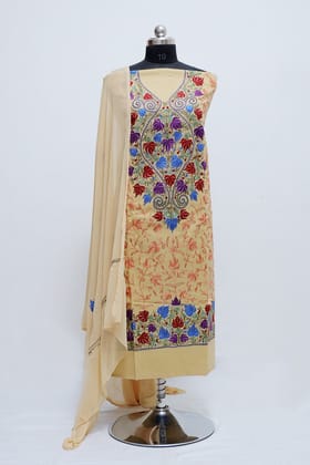 Beige Colour Designer With Beautiful  Kashmiri Embroidery  Suit  With  Floral Motif Pattern .-Cool Cotton / 5 meters / Dry Clean only
