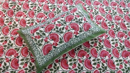 Green-Pink-Multicolor Handblock Printed Cotton Double Bedcover with Pillow Covers (Set of 3) - Jaipur Handblocks