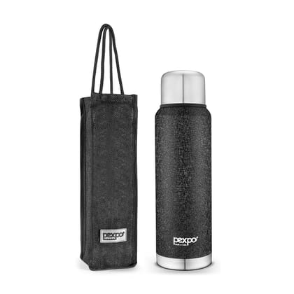 Pexpo Stainless Steel 24 Hrs Hot and Cold Vacuum Insulated Flask with Jute-Bag, 1.5 LTR, Black, Set of 1, Flamingo | Lightweight | Home | Kitchen | Travel | Leack Proof | BPA Free | Thermosteel Flask