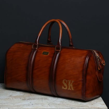 SK Name Initials on Handmade Tan Leather Duffle Bag by Brune & Bareskin-FS