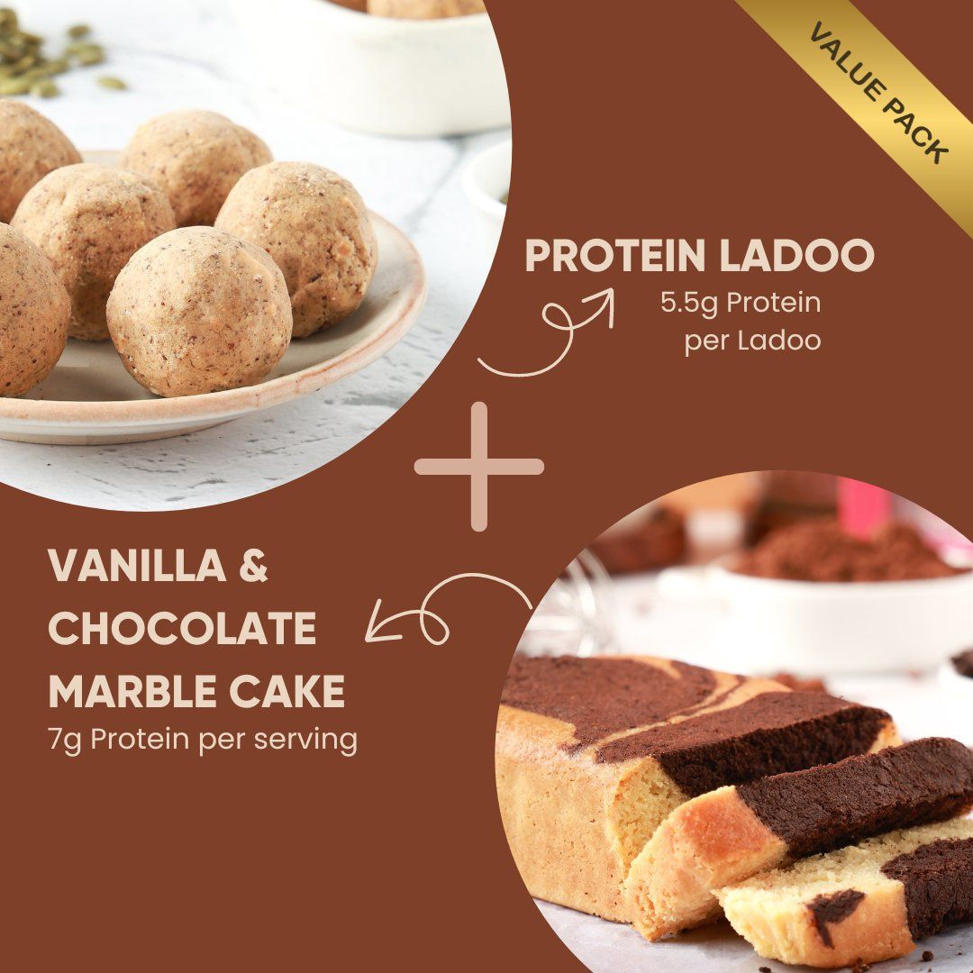 Protein Ladoo (200g) + Vanilla Chocolate Marble Cake (contains egg) (150g)