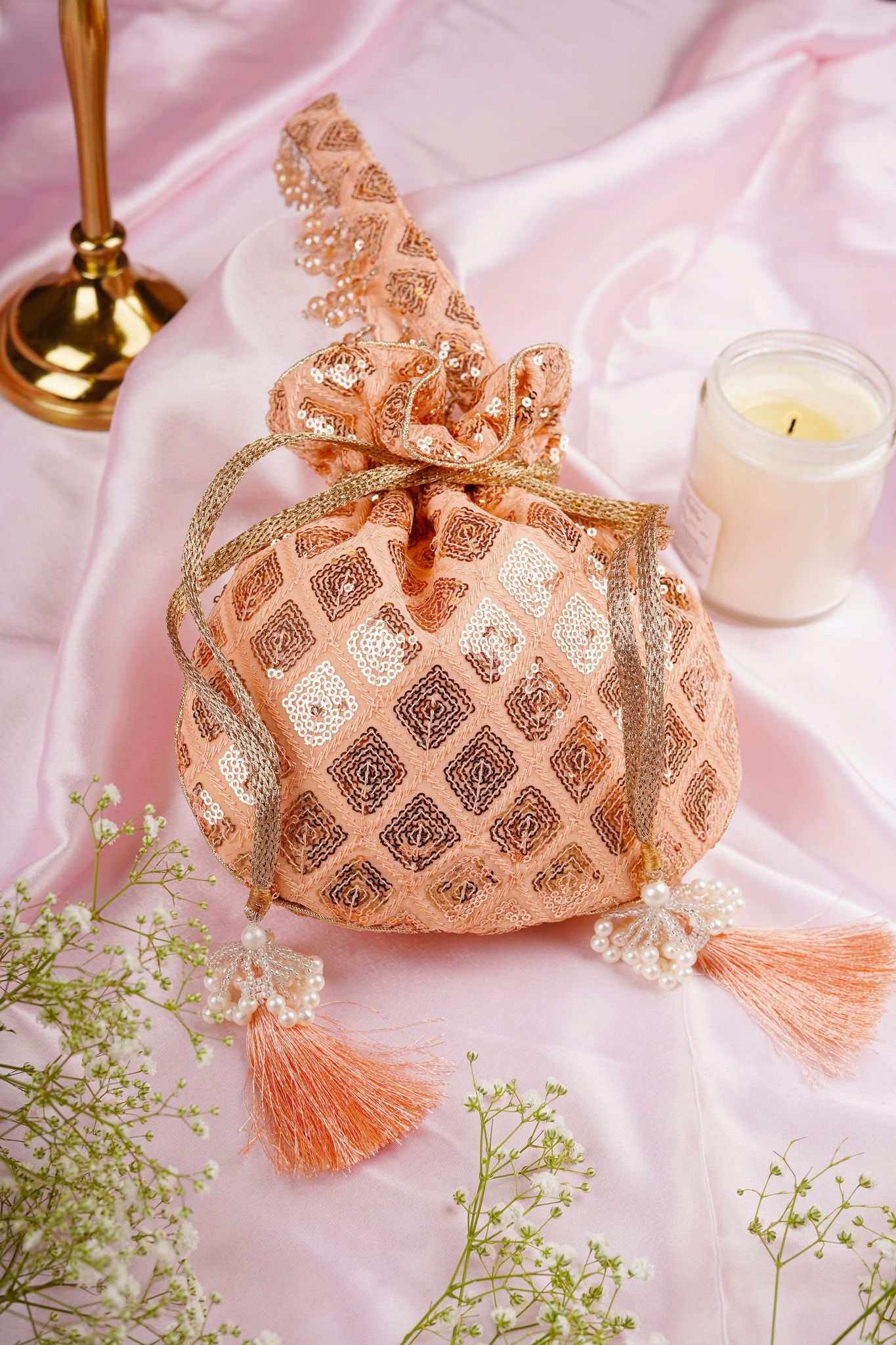 Devangi Peach Georgette with Sequin Potli Bag