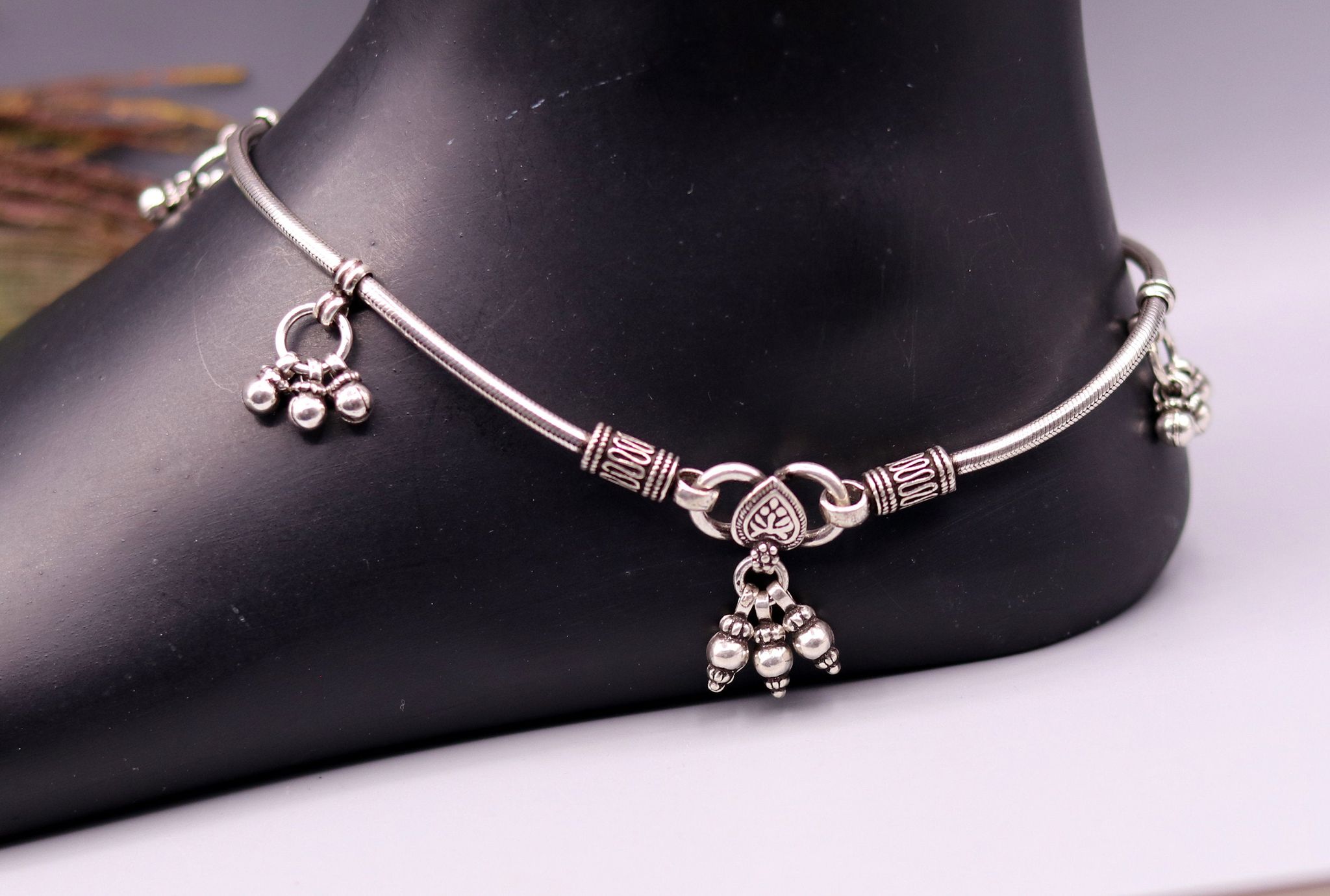 handmade 925 Sterling silver handmade vintage antique design stylish anklet foot bracelet hanging bells tribal belly dance jewelry ank29