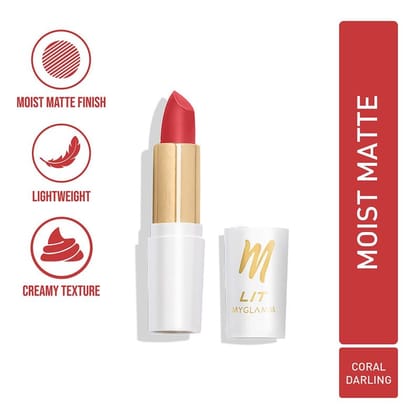 MyGlamm LIT Moist Matte Lipstick - Coral Darling (Coral Orange Shade)| Long Lasting, Pigmented, Hydrating Lipstick with Moringa Oil and Vitamin E