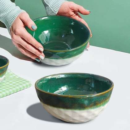 The Earth Store Studio Pottery Dual Tone White Green Ceramic Snack Bowls Set of 2 for Serving Pasta, Noodle, Maggi, Cereal Microwave Safe Salad Bowl, Mixing Bowl for Snacks