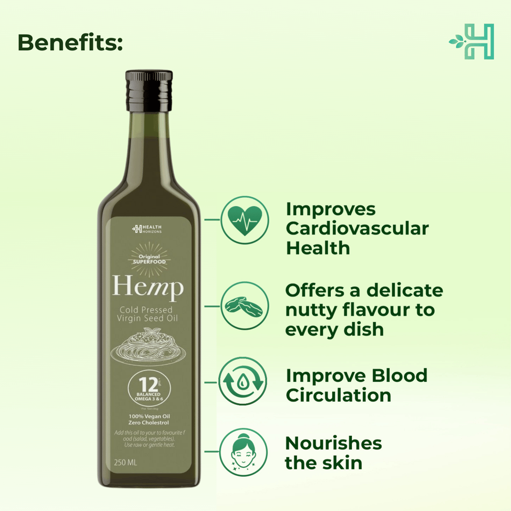 Health Horizons Hemp Cold Pressed Virgin Seed Oil | Topping Oil for pasta, salad or low heat cooking, balanced omega 3, 6 and 9, Iron, Vitamin E and Amino Acids (250 ml)