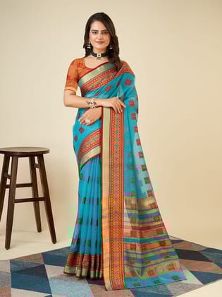 Ethnic Motifs Woven Design Zari Chanderi Saree