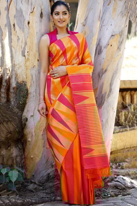 Ethnic Orange colored Designer Silk Printed Sari J-115