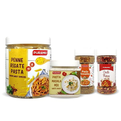 Pasta Combo Pack Penne Rigate - Durrum Wheat Semolina Pasta, 600 gm, Pasta Masala Mix - White Sauce, 250 gm, Pasta Seasoning, 100 gm & Chilli Flakes, 70 gm