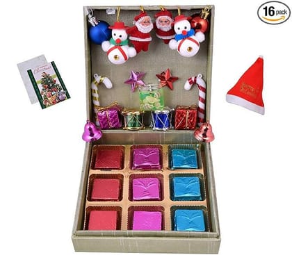 MANTOUSS Christmas Themed Chocolate Gift Box + 1 Glass Candle + Christmas Card + Christmas Tree Decoration Set + Santa Cap