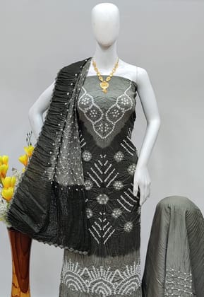 Hand Crafted Cotton Self Color Original Kutch Bandhani Dress Material (Unstitched)-Grey