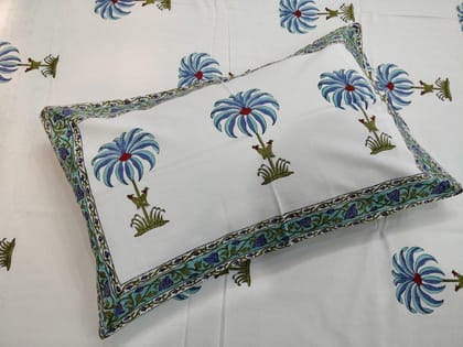 Blue-Multicolor Handblock Printed Cotton Double Bedcover with Pillow Covers (Set of 3) - Jaipur Handblocks
