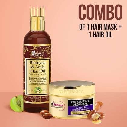 St.Botanica Pro Keratin & Argan Oil Hair Mask, 200ml + Oriental Botanics Bhringraj & Amla Hair Oil With Comb Applicator, 100ml
