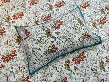 Green-Multicolor Handblock Printed Cotton Double Bedcover with Pillow Covers (Set of 3) - Jaipur Handblocks