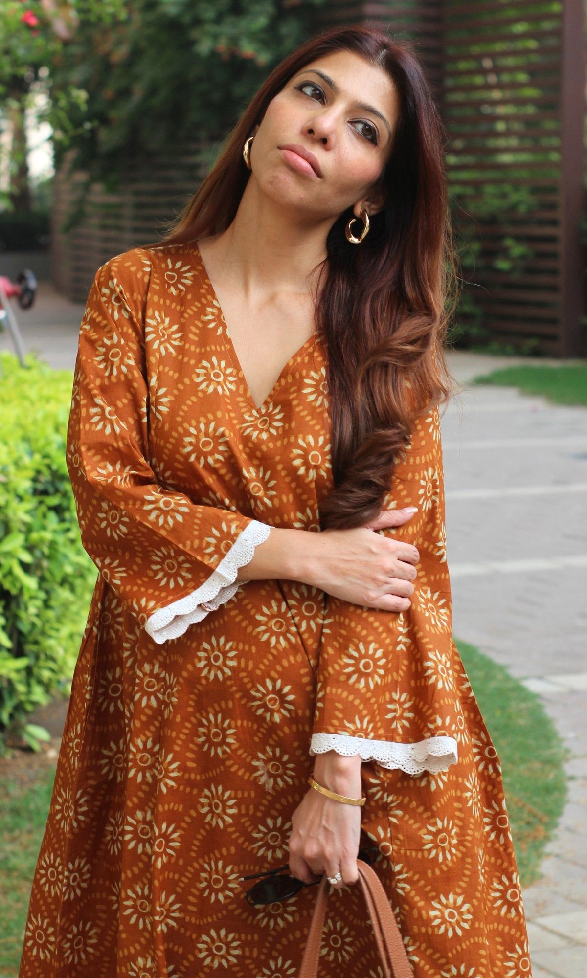 Cotton Mustard Gold Sunflower High Low A line kurta & Pallazo-XS