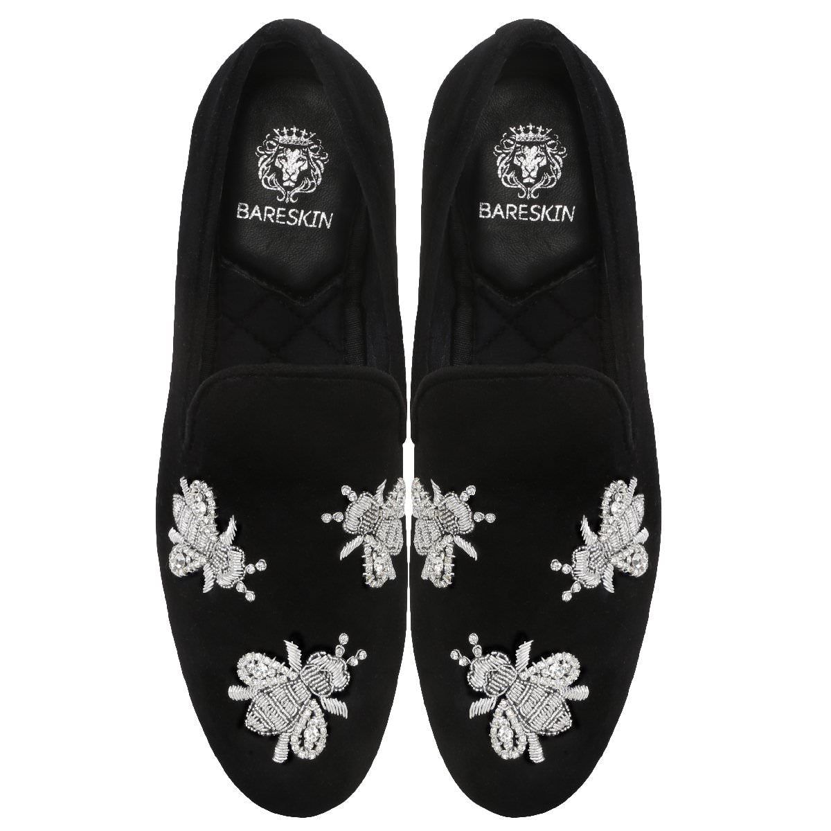 Black Velvet Honey Bee Silver Zardosi Embroidery Slip-On Shoes By Bareskin-43/9