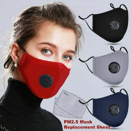 Reusable Cloth Cotton Face Mask Guard With Air Breathing Valve & 2 PM2.5 Filters-Black