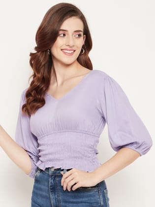 Women Lavender Smocked Cinched Waist Smocking Crop Top
