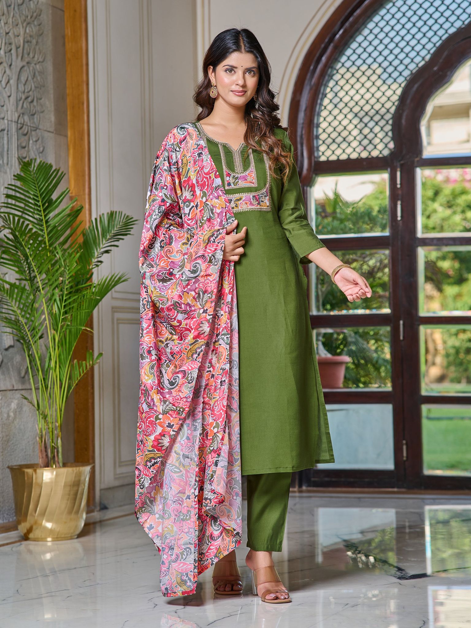 MEHNDI COTTON EMBROIDERY WORK KURTI PANT WITH FANCY DUPATTA-S