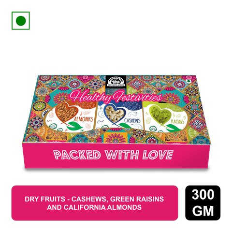 Wonderland Foods Festive Fiesta Dry Fruits Gift Pack - Cashews, Green Raisins and California Almonds, 300 gm Box