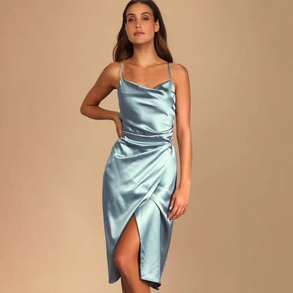 Hollywood Woman Dusty Blue Satin Midi Dress-XS