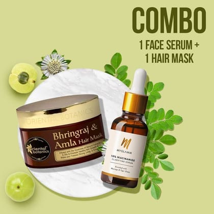 MyGlamm 10% Niacinamide Clarifying Serum + Oriental Botanics Bhringraj & Amla Hair Mask, 200ml