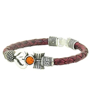 Handcrafted Spiritual One Sided Trishul Damru OM Rudraksha Beads Silver Plated Mahakal Shiva Genuine Leather Brown Dyed Rope Wrist Band/Belt Bahubali Kada Bracelet (Small Only for Girls/Wome