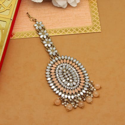 Peach Color Mirror Work Maang Tikka (MTK539PCH)-Length: 12.00 CM x Width: 5.50 CM / Peach / Alloy With Good Quality Gold Plated