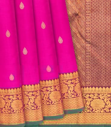 Hot Pink Handloom Kanchipuram Silk Saree With Floral Motifs-Hot Pink-Hot Pink