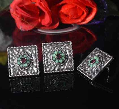 Oxidised Stud Earrings with Ring | Sarichka-Red Mint Green