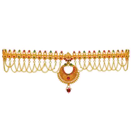 Maroon & Green Color Glass Stone Kamarband (KMBND329MG)-Adjustable Chain / Maroon / Alloy With Good Quality Gold Plated