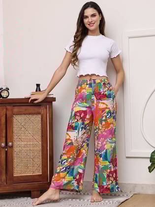 Multi Printed Viscose Rayon Mid-Rise Flared Lounge Pants-S