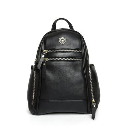 Signature Metal Lion Black Leather Ladies Backpack-FS