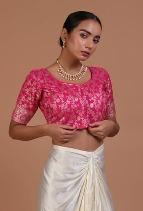 Pink Color Raw Silk Embroidered Blouse-XS