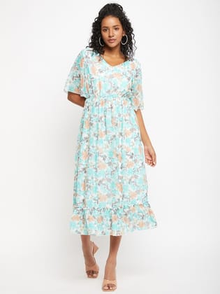 Floral Printed Puff Sleeves Georgette A-Line Midi Dress