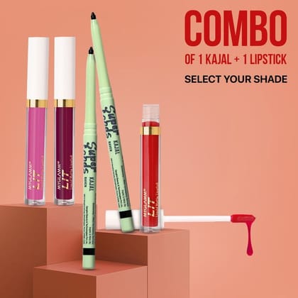 Combo of SUPERFOODS Kajal + LIT Liquid Matte Lipstick | Long Lasting Eye Kajal Pencil & Smudge Proof Matte Finish Lipstick Combo (0.35g x 1.6ml)