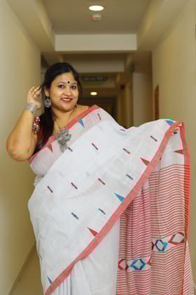Charulata-Handloom Cotton / Cotton by Cotton / Red and Bluish White