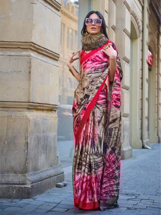 Multicolor Pure Satin Crepe Digital Printed Bollywood Saree