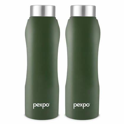 PEXPO Stainless Steel Fridge Water Bottle, 750 ml, Military Green, Bistro | Leak-Proof & Easy to Grip Water Bottle (Pack of 2)