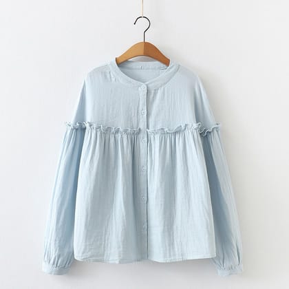 Pure Cotton Ruffle Shirt Top-SKY BLUE / M