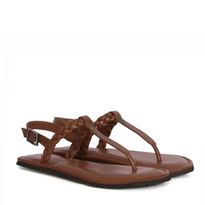 Weaved Loop T-Strap Gunmetal Buckled Dark Brown Genuine Leather Ladies Sandal by Brune & Bareskin-36/3
