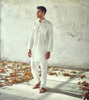 White Cotton Kurta Pyjama set-S