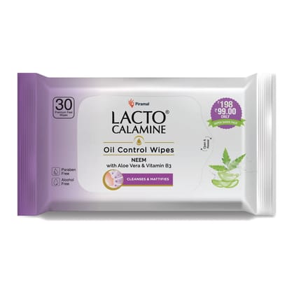 Lacto Calamine Oil Control Face Wipes | Contains Neem, VitaminB-3 and AloeVera Pack of 1x 30wipes