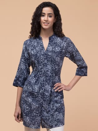 Hive91 Womens Tunic Abstract Printed Rayon Blue 3/4 Sleeve with Belt