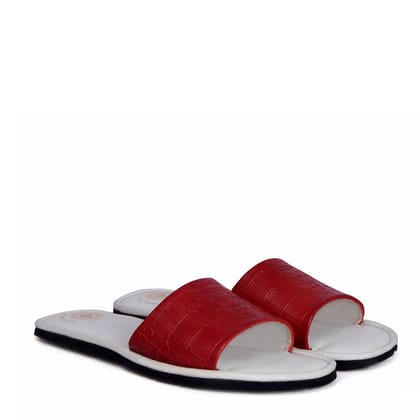 Dual Color Deep Cut Croco Print Red/White Leather Slide-In-Slippers For Ladies by Brune & Bareskin-36/3