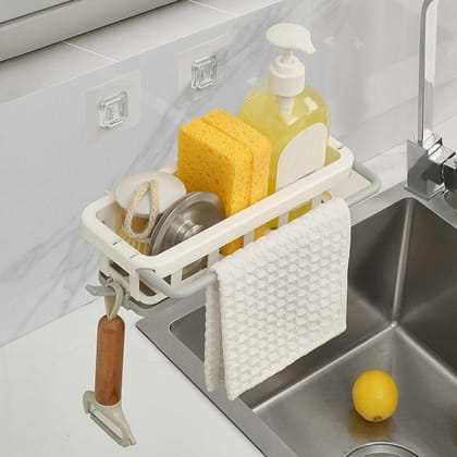 8788 Multipurpose Platic Hanging Drain Rack Retractable Sponge Storage Hanging Rack With Adhesive Hook for Kitchen and Bathroom Dishcloth Holders Basket Drying Tray Organizer